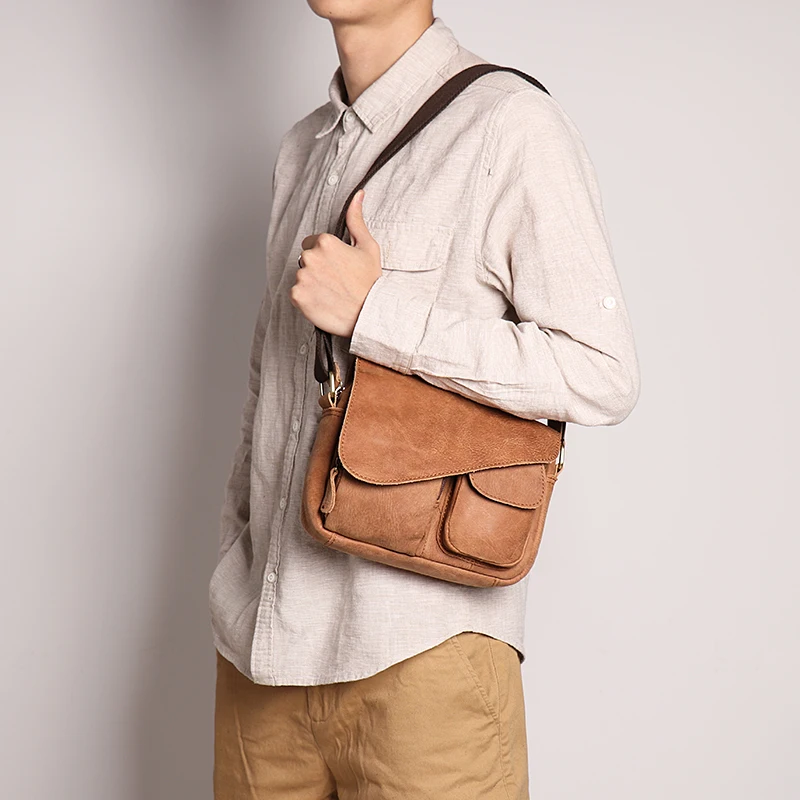 Bolsa mensageiro vintage multi-bolso para homens, couro nobuck, aba genuína, sacos tiracolo, mochila pequena para festa diária