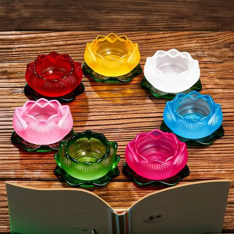 Glass Lotus Candle Holder Colorful Lotus Shape Tealight Candlestick Thickened Decorative Lamp Base For Home Altar Table Decor