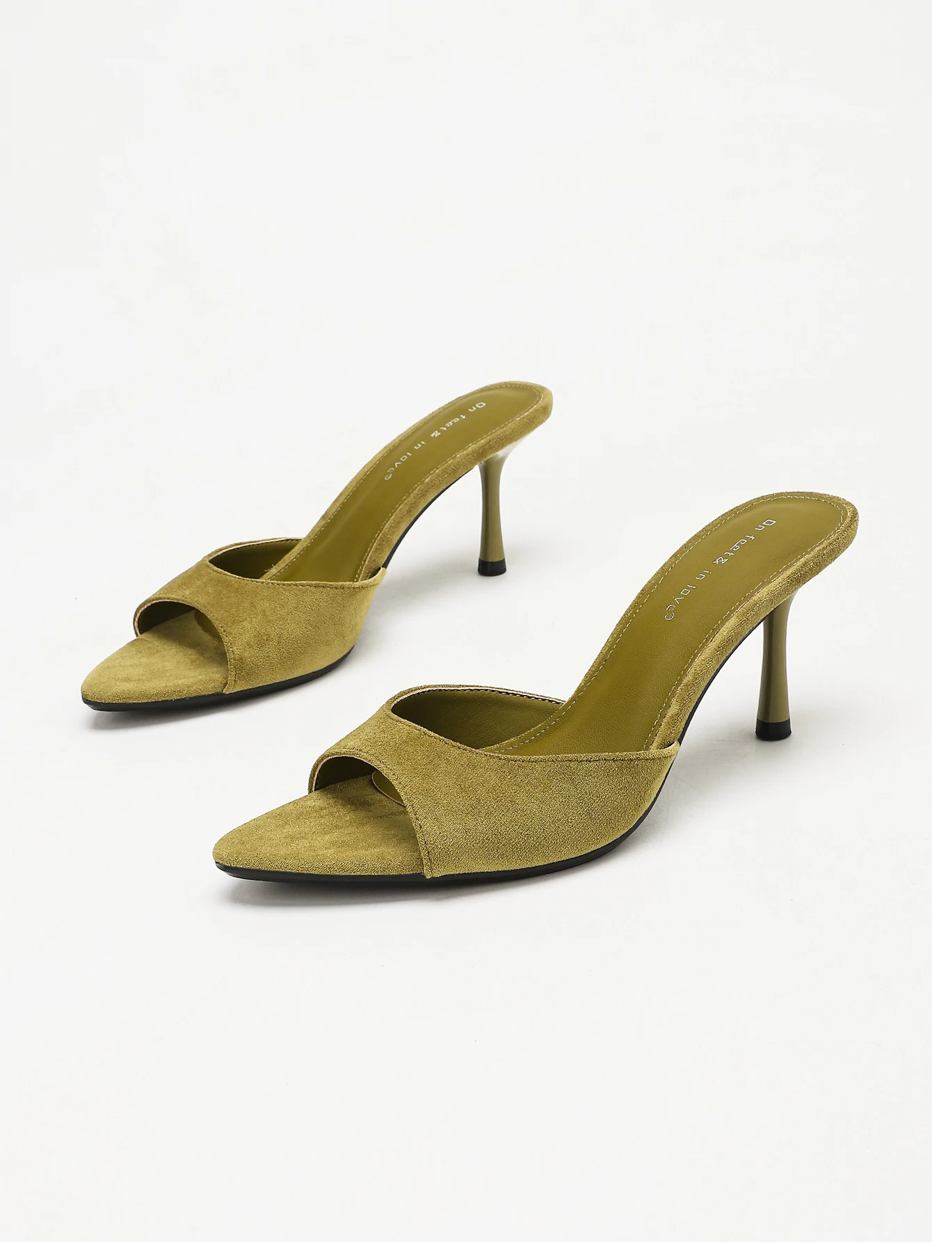 Women's Suede Pointed Toe Stiletto Heel Mules Slippers, Elegant Slip On Open Back Heeled Sandals, Olive Green/Beige, Summer Casu