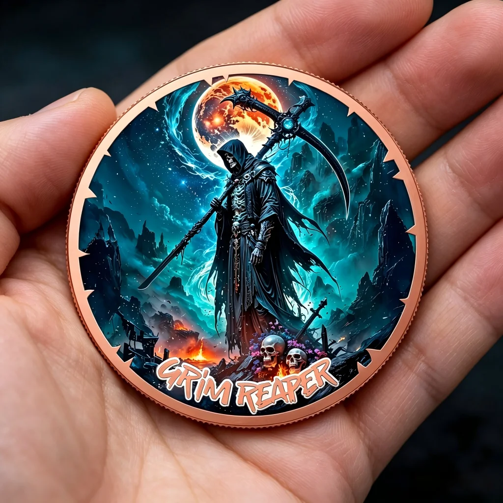 1oz .999 Copper Round Medal, Colorized Grim Reaper Double Revolver Skeleton Gothic Horror Design Copper Badge 3D Engraved Design