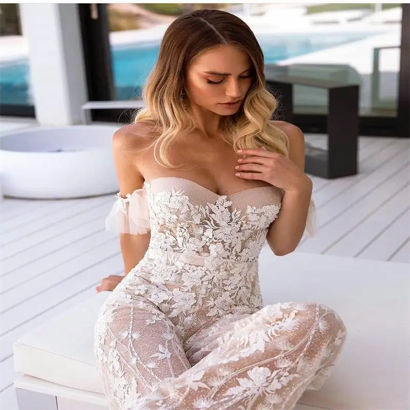 Boho Beach Modest White Jumpsuit 2023 Off The Shoulder Lace Appliques Sexy Jumpsuit For Bride Vestidos De Novia Robe De Mariage