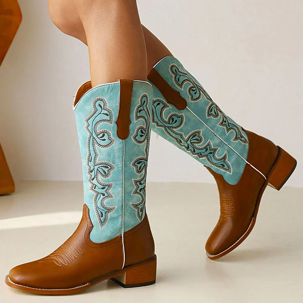 

AOSPHIRAYLIAN Western Blue Cowboy Sewing Floral Boots For Women 2023 Embroidery Patchwork Women's Retro Shoes