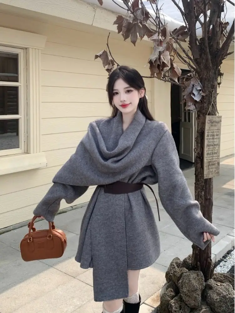 

plus Size Knitted Scarf Cardigan Coat Autumn Winter Loose Slimming Design High Quality Top for plus Size Women Korean Style