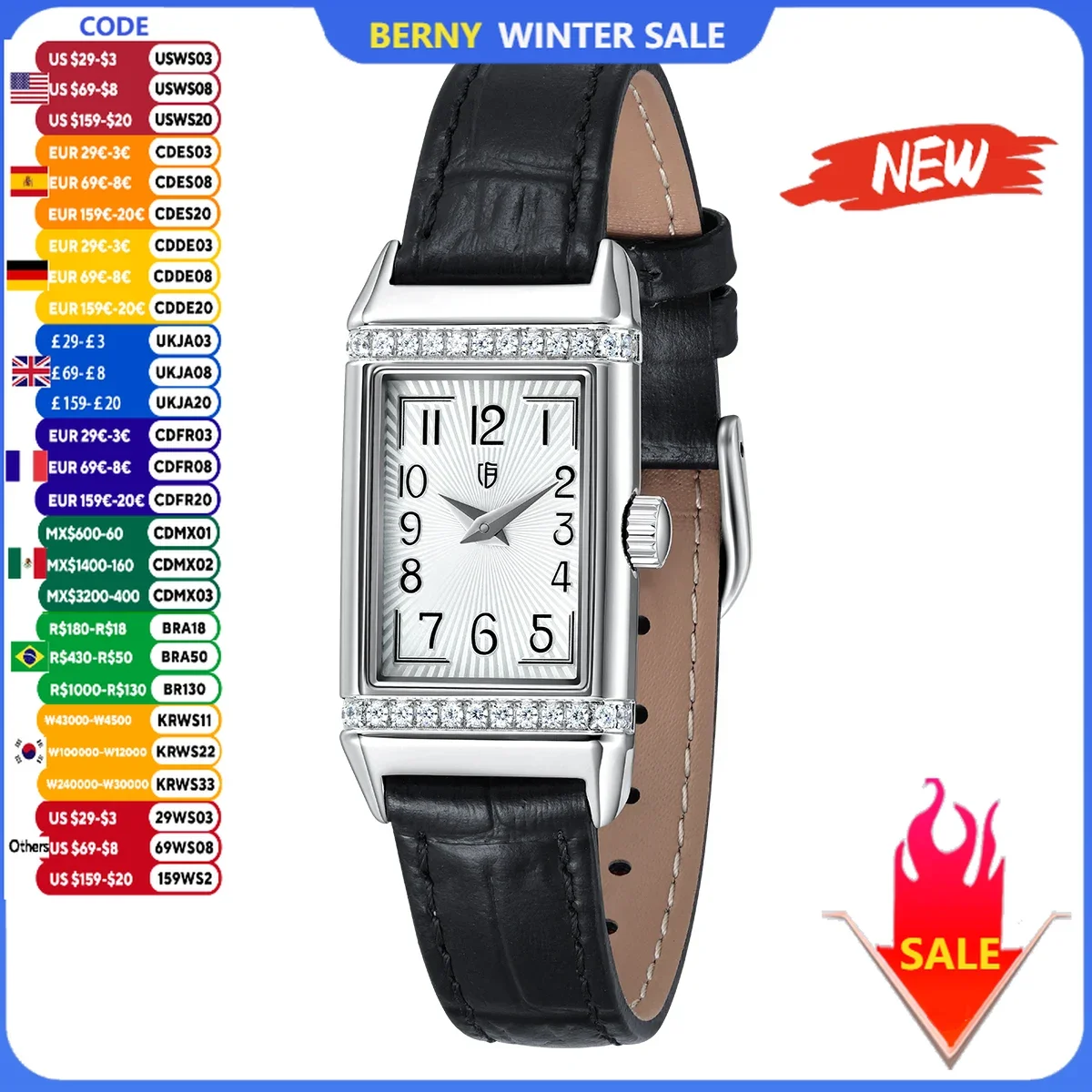 

BERNY Square Diamond Watch for Women Classic Rectangular Fashion Luxury Quartz Wristwatch Leather Strap Exquisite Ladies Watches