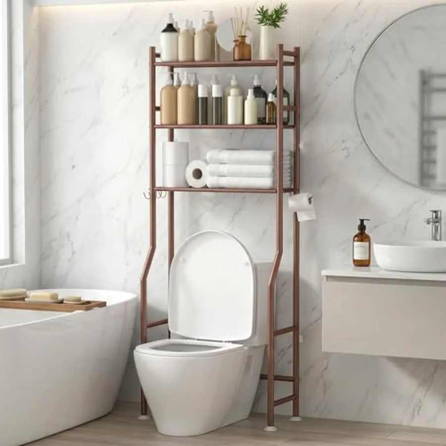 

Over Toilet Storage with Anti-Tilt Safety System - 150lb Total Capacity Metal Bathroom Shelves Including Paper Holder and 4 Hoo