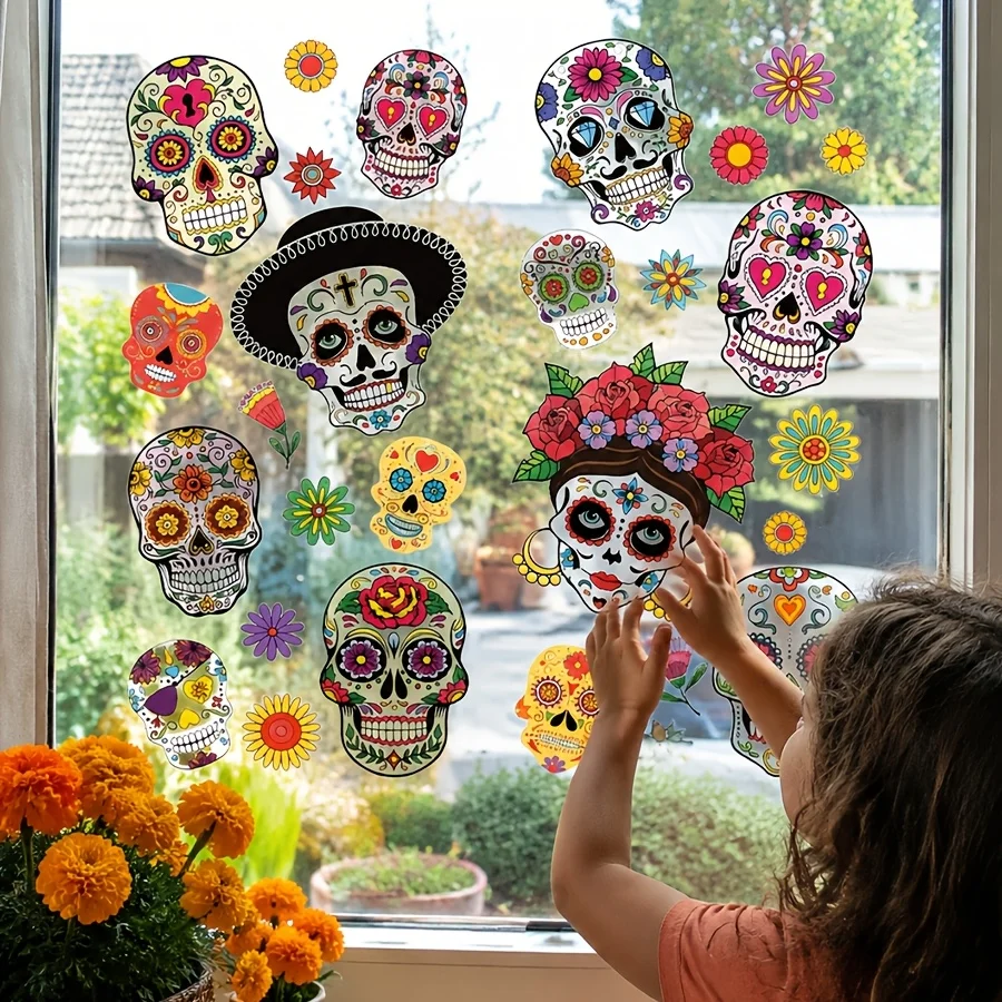 Day of The Dead Skull & Flower Window Stickers PVC Easy To Install Holiday Glass Decor for Day of The Dead Halloween Supplies