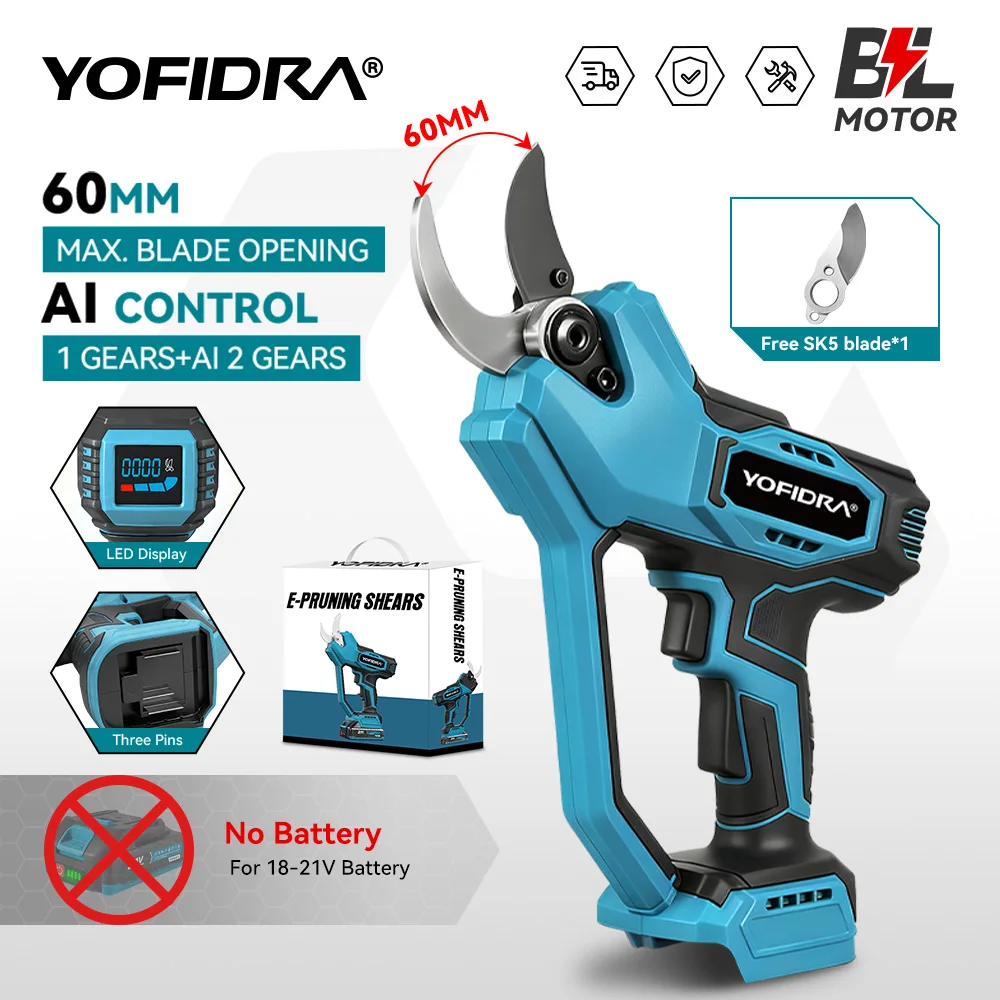 

YOFIDRA 60MM Brushless Electric Pruner Shear Automatic Speed Control Cordless Scissors Garden Cutter Tool For Makita Battery Pin