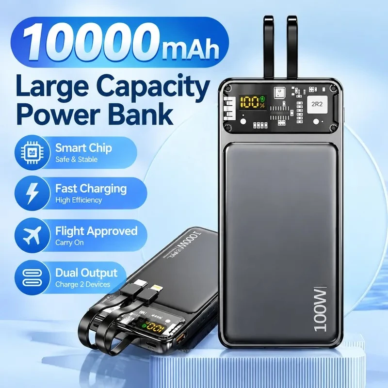 for Android Fast Charging Power Bank with Dual Wire Intelligent Digital Display Large Capacity Universal Mobile Power Supply