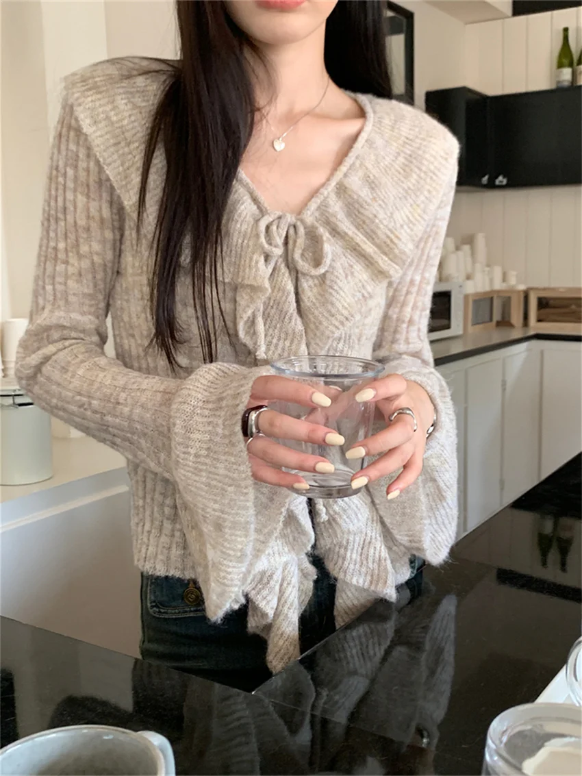 Alien Kitty Kintwear Soft Ruffles Sweaters Slim-Fit Chic Flare Sleeve Autumn New Elegant OL Cardigans V-Neck Office Wear Coats