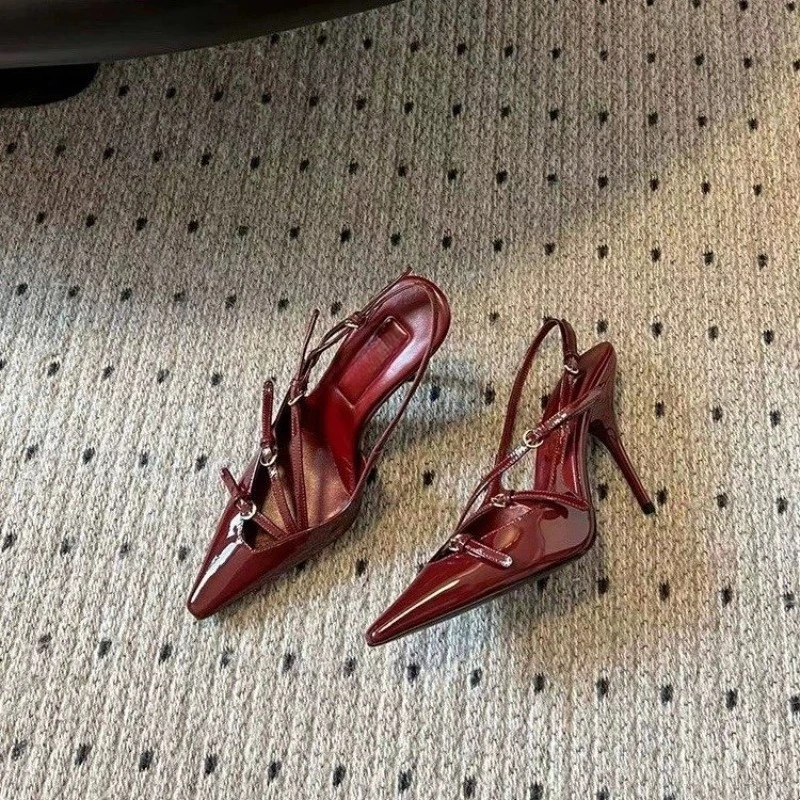 

Baotou Sandals Spring Women's New Pointed Head Shallow Mouth Metal Buckle A Word with Anti-slip Wear-resistant Fine Heel Shoes