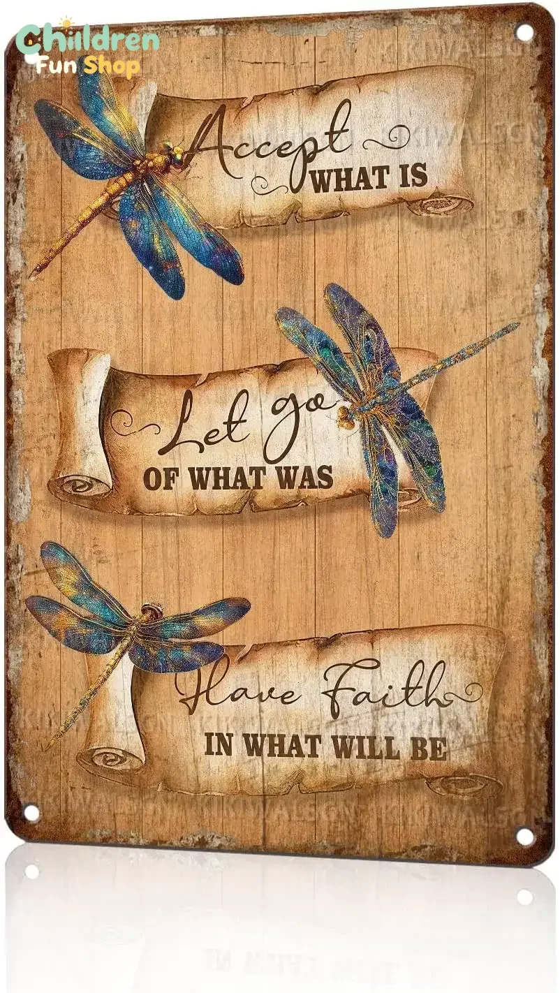 Vintage Inspirational Tin Sign Accept What Is let go of what was Have Faith in what will be Retro Dragonfly Metal Poster Nost