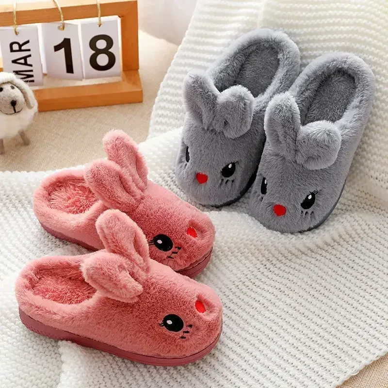 Children\'s Cotton Slippers Princess Warm Kids Winter Cute Rabbit Cartoon Indoor Furry Shoes Little Girl Soft Bottom Home Shoes