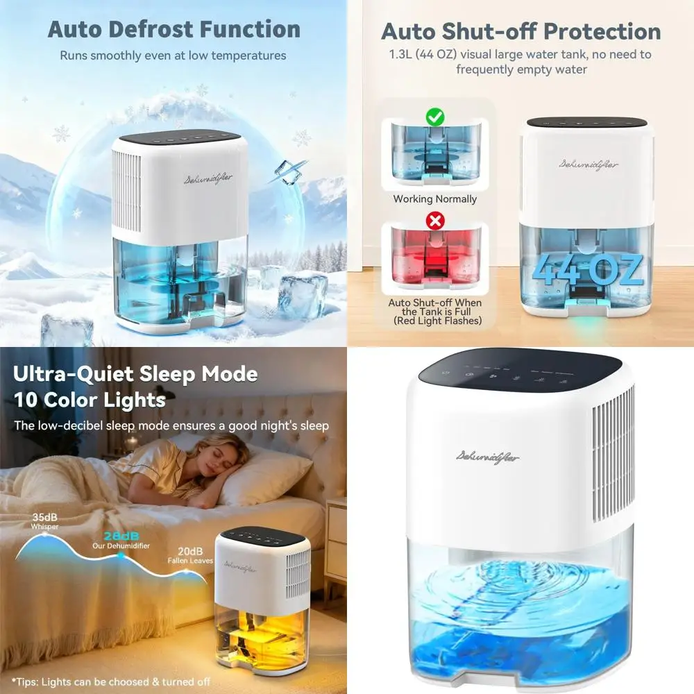 

Портативный осушитель воздуха на 44 унции — бесшумный, с автоматическим отключением, функцией размораживания, 5 таймерами, 3 режимами, 10 светодиодными лампами, 3 уровнями яркости, идеально подходит для помещений площадью 260 кв. футов.