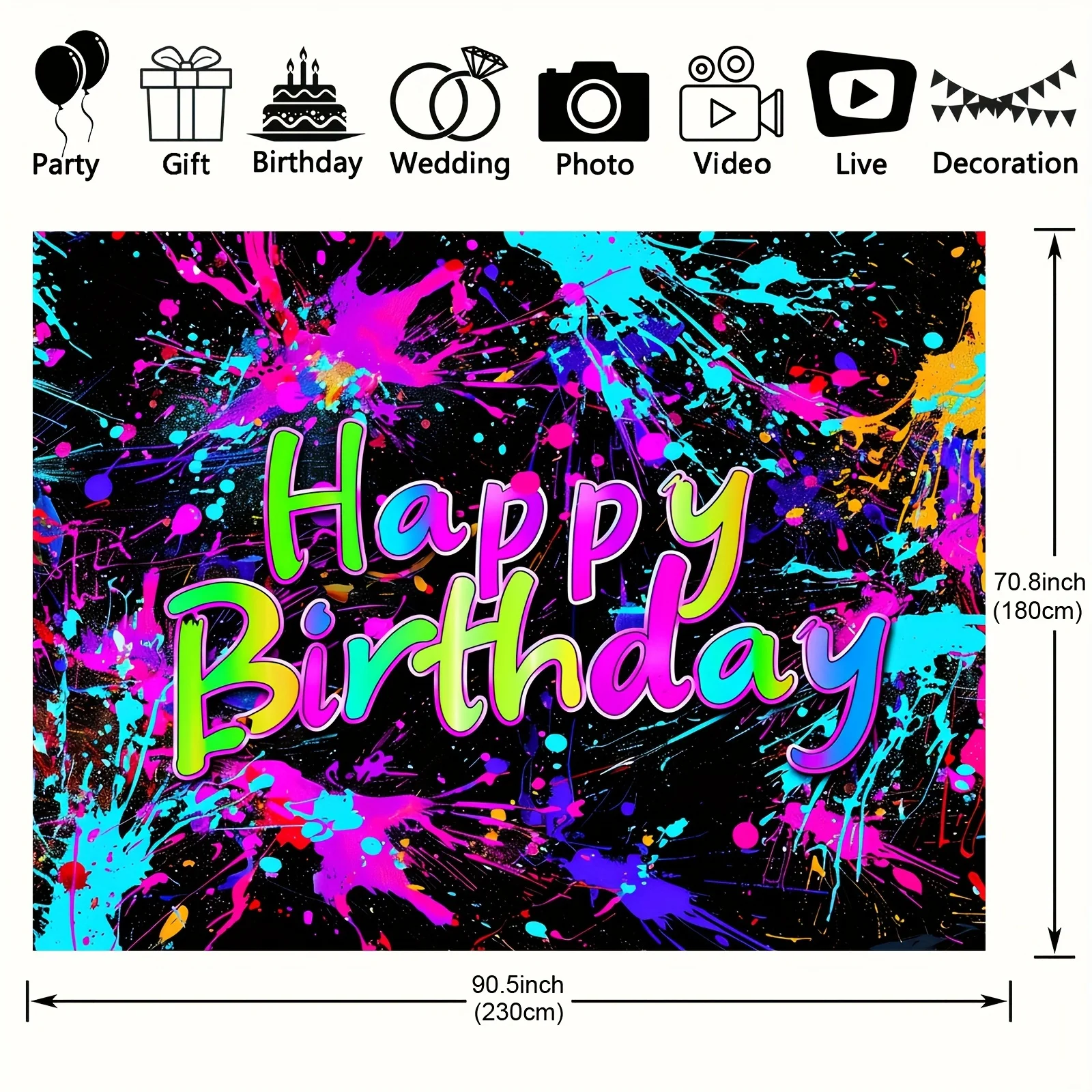 Happy Birthday Party Banner Colorful Paint Splatter Background Photo Booth Prop Kids Adult Celebration Decoration Fun