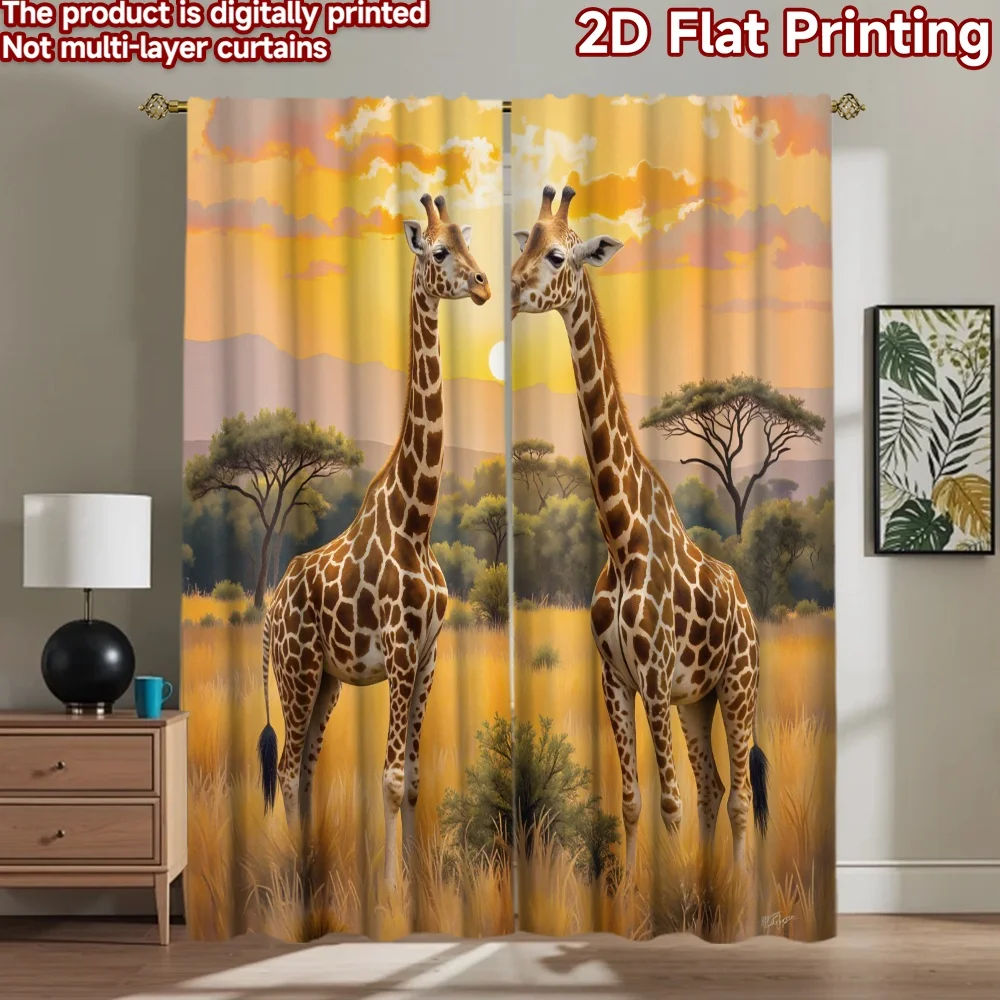 2D flat 2pcs Curtain Modern Minimalist Style Two Giraffes at Sunset Digitally printed polyester Festive Curtains for Yard &