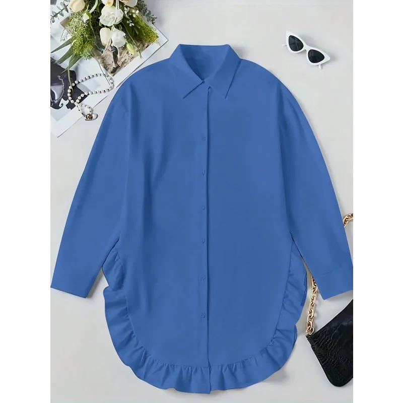 حجم كبير 1XL-5XL جديد المرأة موضة غير النظامية الدانتيل بلون بلوزة قميص السيدات فضفاضة تناسب طويلة الأكمام قميص غير رسمي