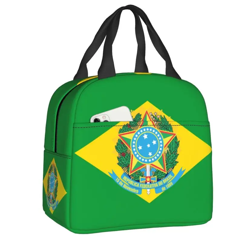 Custom Brazil National Emblem Lunch Bag Men Women Brazilian Map And Flag Cooler Thermal Insulated Lunch Box for Adult Office