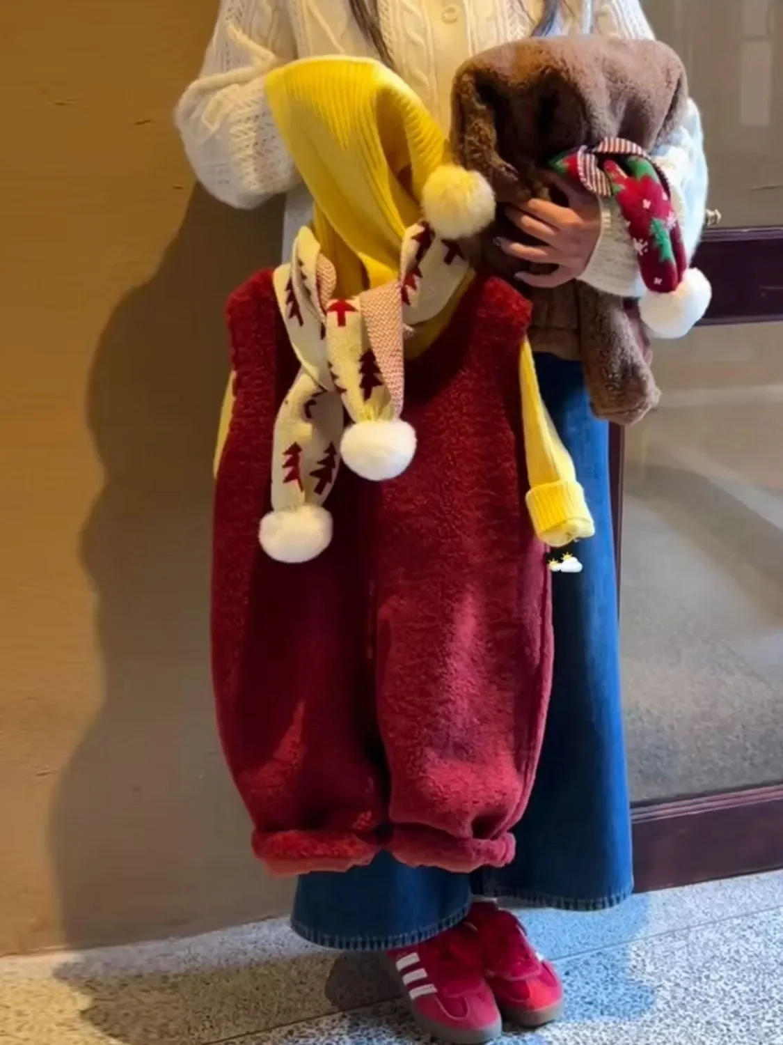 Children's Set Autumn/Winter 2026 New Style Boys' and Girls' Red Lamb Fleece Cotton Strap jumpsuit+Hooded Sweater Two-piece Set
