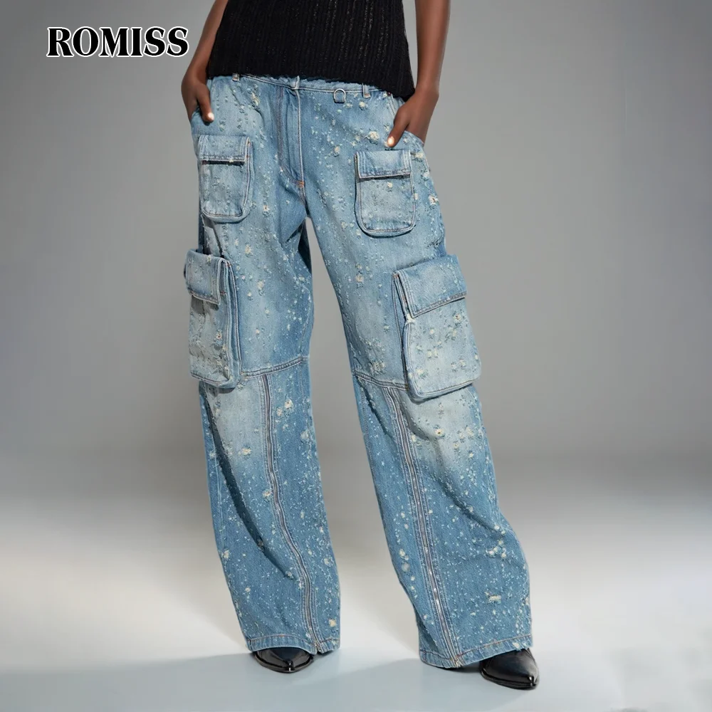 

ROMISS Streetwear Patchwork Zipper Hole Denim Pant For Women High Waist Spliced Pocket Vintage Wide Leg Pants Female New