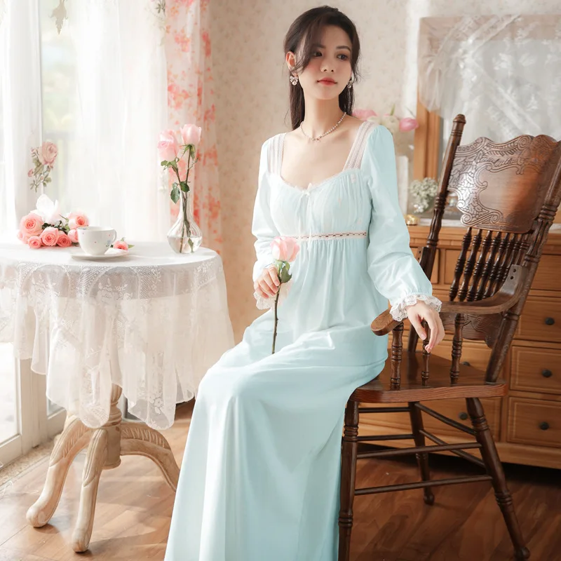 Women Long-sleeved Cotton Nightgowns Retro Court Style Princess Nightdress Square Collar Long Pajamas Lace Sexy Home Clothes