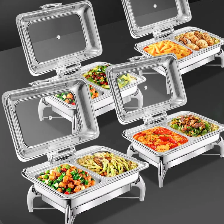 

Hotel Breakfast Buffet Warmer Stainless Steel Chafer Dish Hydraulic Transparent Cover Chafing Dish For Catering