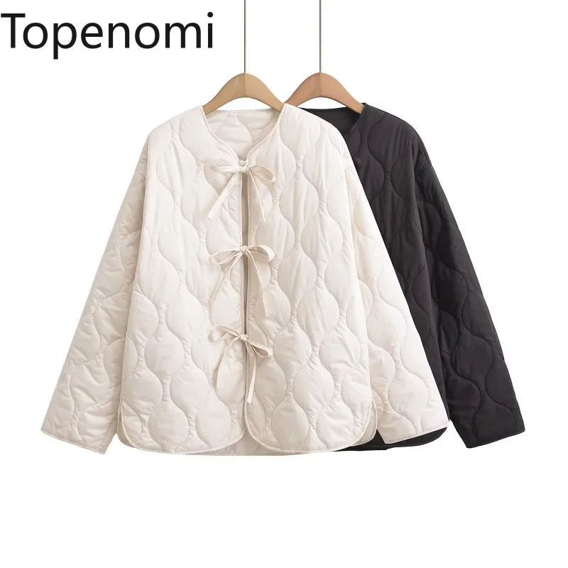 Topenomi Sweet Bow Lace Up Quilted Coats Women Autumn Winter Round Neck Loose Parkas Jacket French Casual All Match Solid Tops