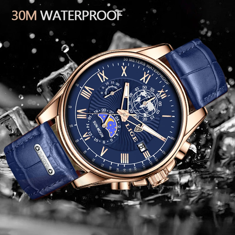 LIGE New Watch Luxury Watch Leather 30M Waterproof Sports Quartz Wristwatch Chronograph Date Watch for Men Relogio Masculino+Box