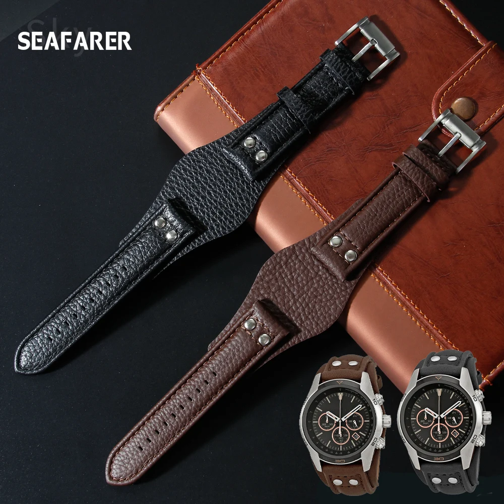 Genuine Leather Watch Strap for Fossil CH2564 CH2565 CH2891CH3051 Wristband 22mm Black Brown Tray Watchband with Rivet Style