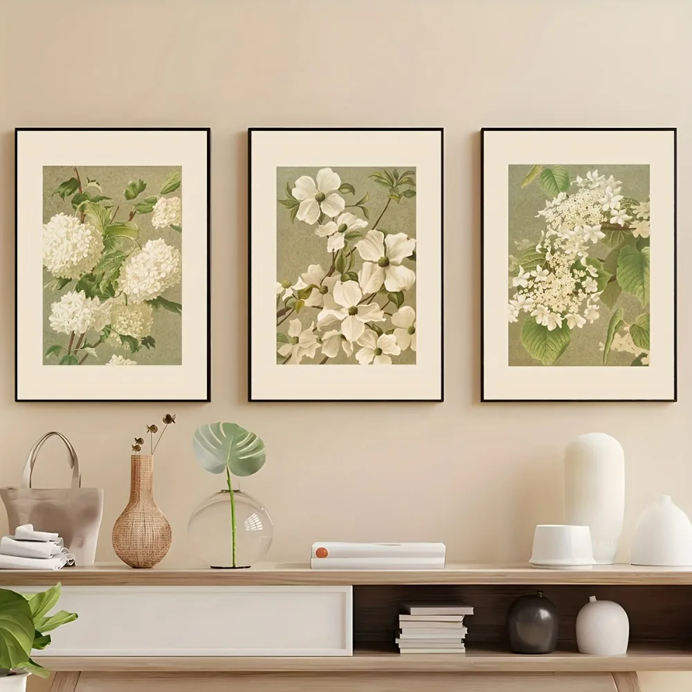 3pcs frameless   Abstract Retro Floral Art Poster,Beige Canvas Decor with Elegant White Flowers and Green Leaves,Living Room Dec