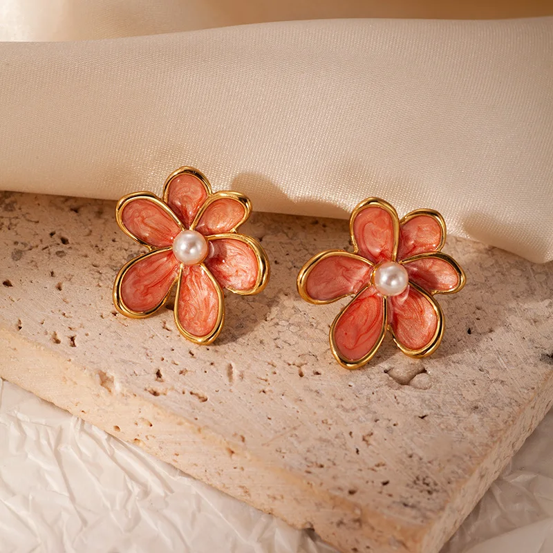 Fashion Sweet Flower Earrings Dyeing Enamel Drops Glaze Pearl Color Earrings Spring Summer High End Earrings Party Gifts Women