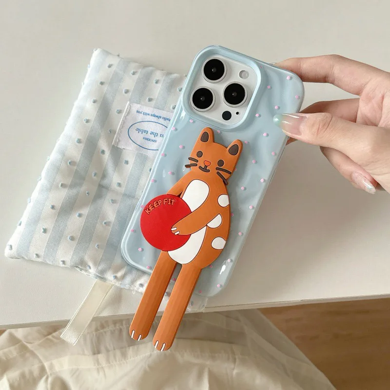 Wrinkle Polka Dot Long Leg Cat Holder Phone Case Bracket For Iphone 16 Pro Max 15 14 13 Phone Case Scratch Resistant Iphone Case