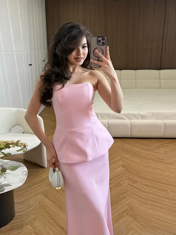 Conjunto de faldas superiores sin tirantes elegantes para mujer, Tops ajustados sin espalda, falda Maxi de cintura alta, trajes sólidos para señora nueva 2025