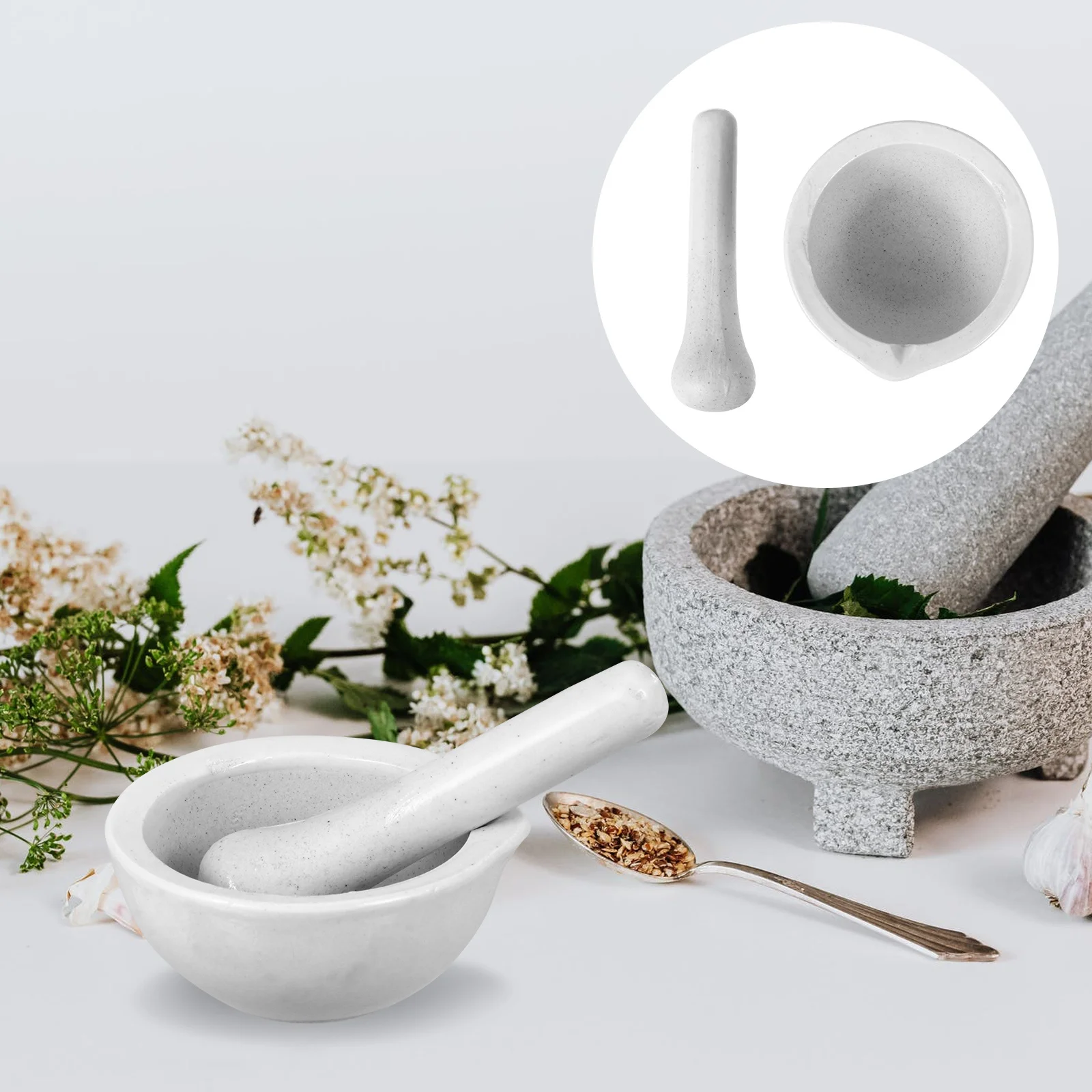 

2 комплекта фарфорового раствора для лекарств, набор пестика, прочная дробилка для чеснока, кухонная эффективная шлифовальная чаша