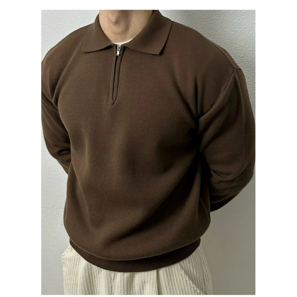 

2024 solid color knitted men's autumn new Korean version of the trend of advanced sense lapel half-zipper long-sleeve top tide