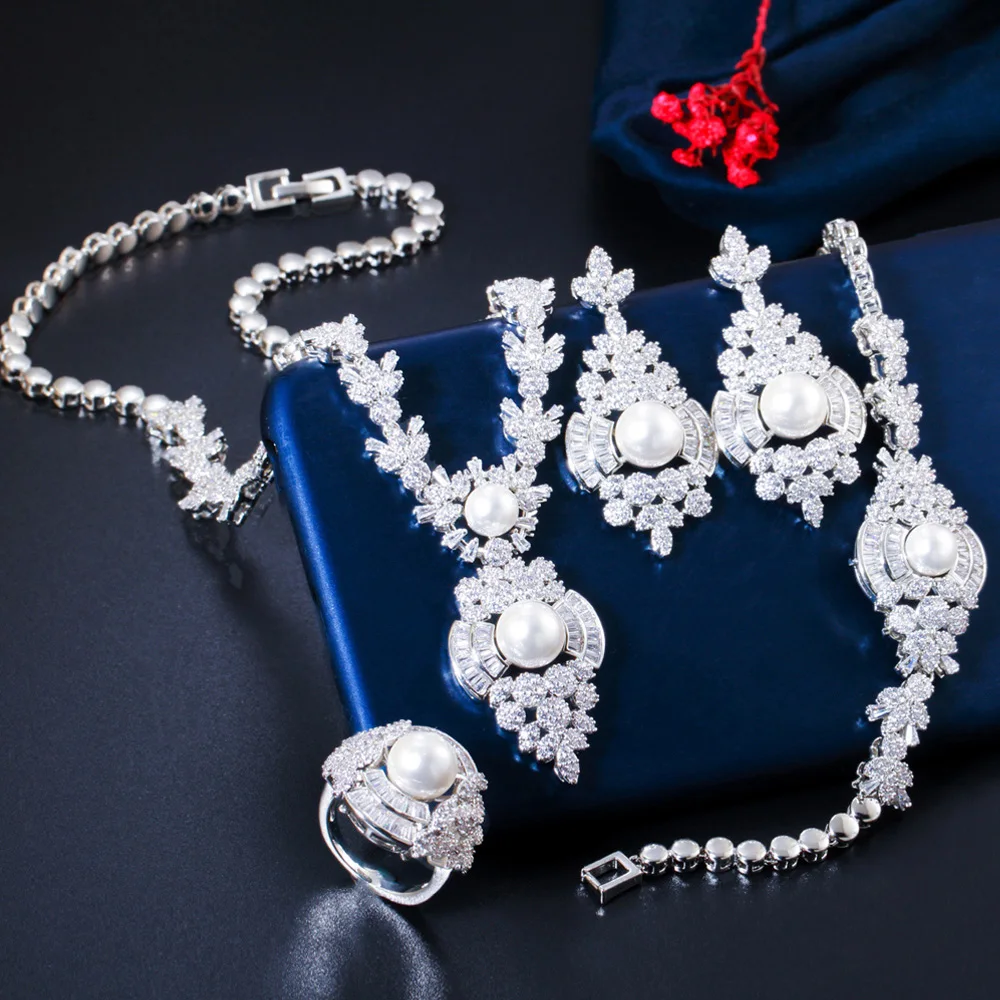 

Pera Magnificent 4Pcs Bridal Wedding Jewelry Sets White CZ Stone Gold Color Long Leaf Pearl Necklace Earrings for Brides J059