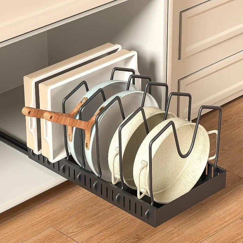 

Pull-out Pots and Pans Organizer 2 Pack - Under Cabinet Pot Lid Holder for Kitchen - Bakeware & Dishes Storage Rack