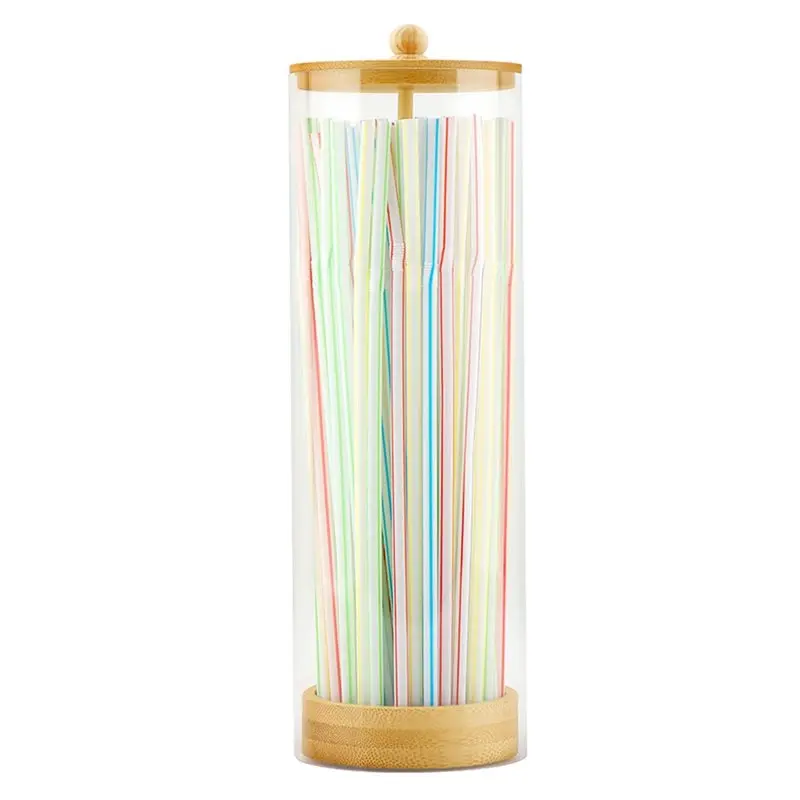 M11K-Bamboo Lid Straws Holder Dispenser, 10-Inch Acrylic Drinking Straw Dispenser With 100 Colorful Straws Included