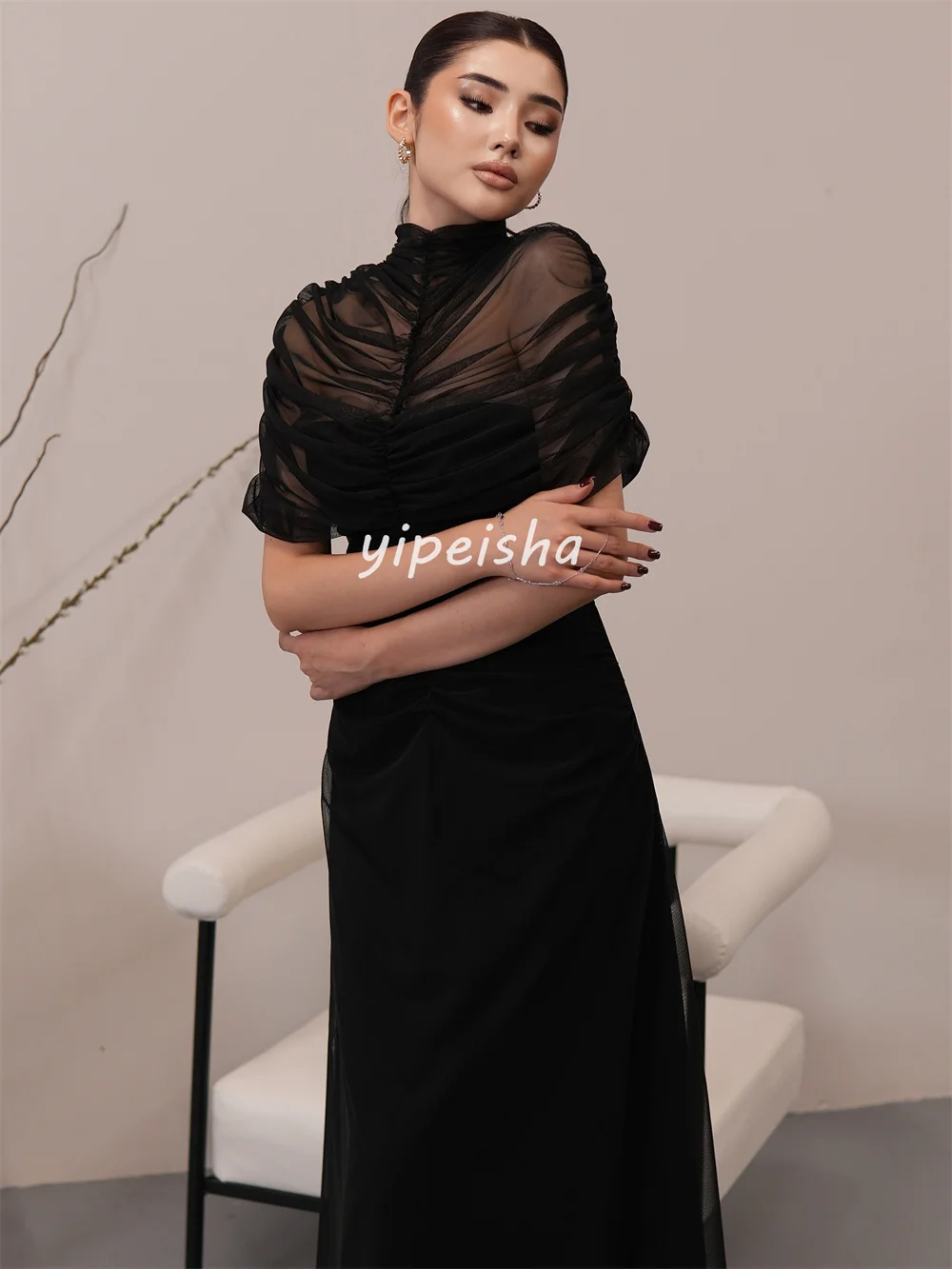 Personalizado estilo moderno tule plissado ruched drapeado em linha reta gola alta vestidos longos sob medida vestidos de ocasião tamanhos disponíveis