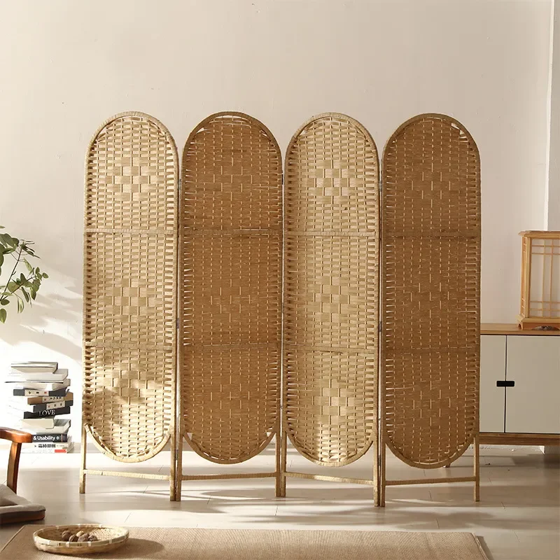 Korean Solid Wood Frame Foldable Mobile Paper Rope Woven Screen Partition for Home Hotel Office Manufacturer Wholesale