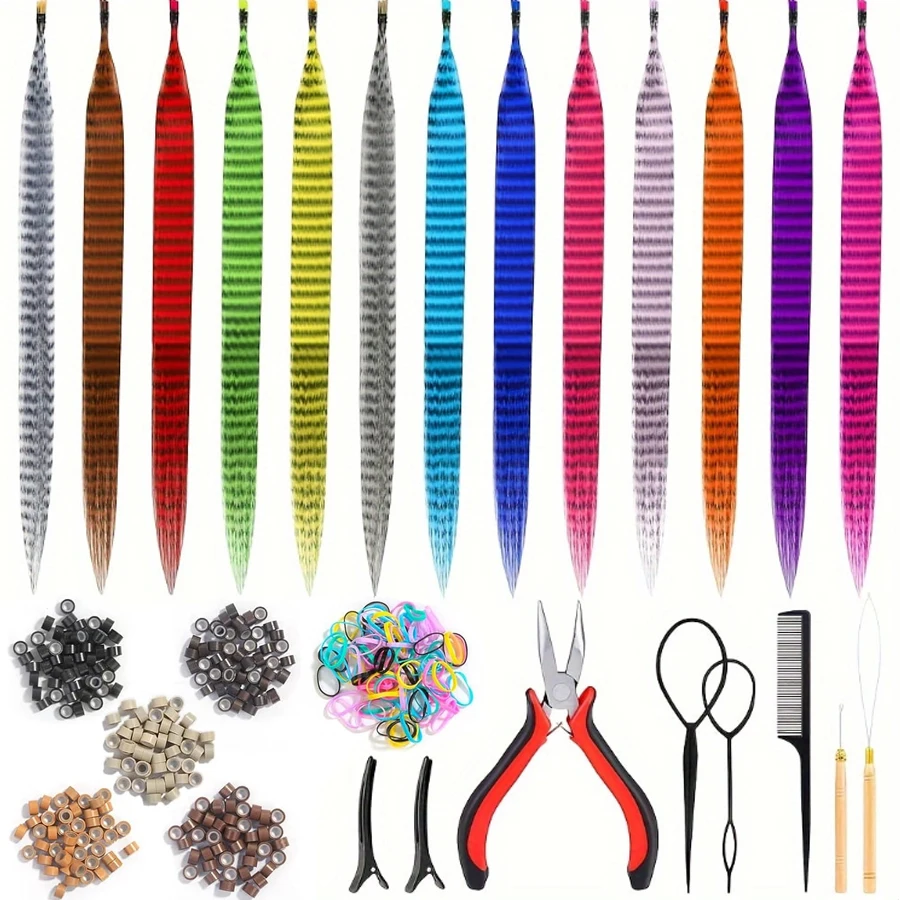 

Комплект длинных прямых синтетических волос с перьями — 13 ярких цветов, 500 шт. Кольца для наращивания волос