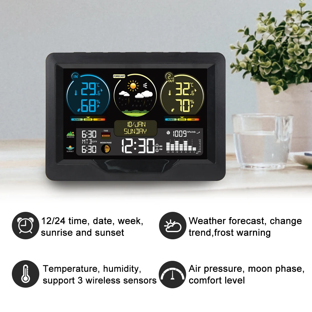 Weather Station Digital Alarm Clock Temperature Humidity Meter Barometer Table Desk Clocks with Outdoor Sensor Sunrise Sunset