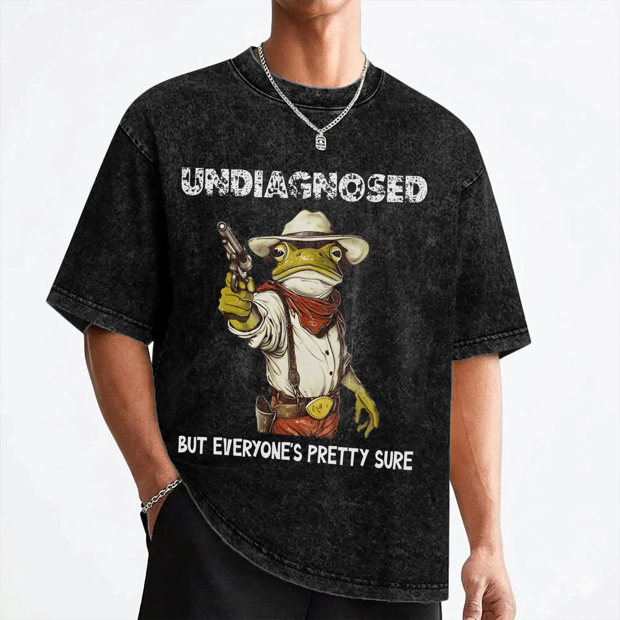Undiagnosed But Everyone's Pretty Sure Funny Cowboy Frog T Shirts Washed Cotton Oversize T-Shirts Vintage for Men Streetwear Tee
