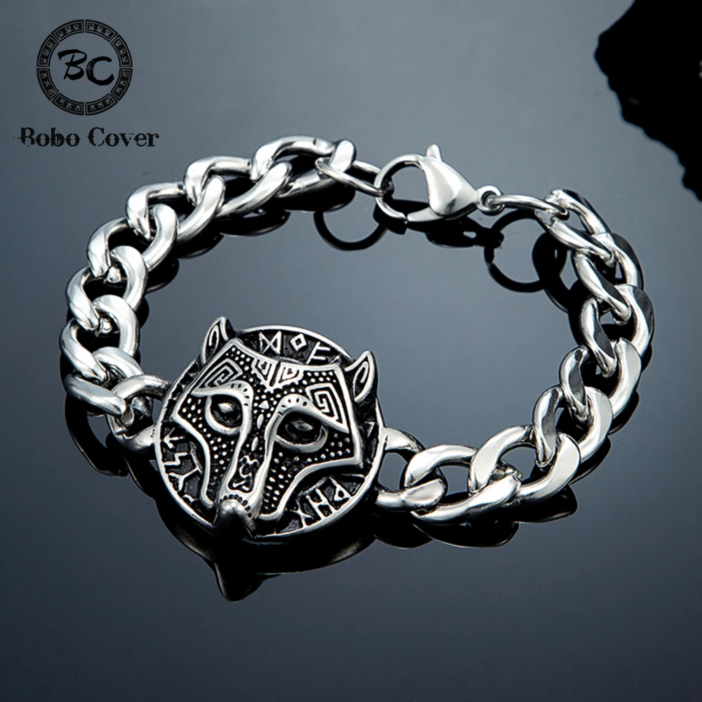 Herren Viking Runen Wolfskopf Armband Edelstahl Punk Nordische Mythologie Schmuck Keltischer Wolf Kubanische Kette Armreif Gotischer Stil Geschenk