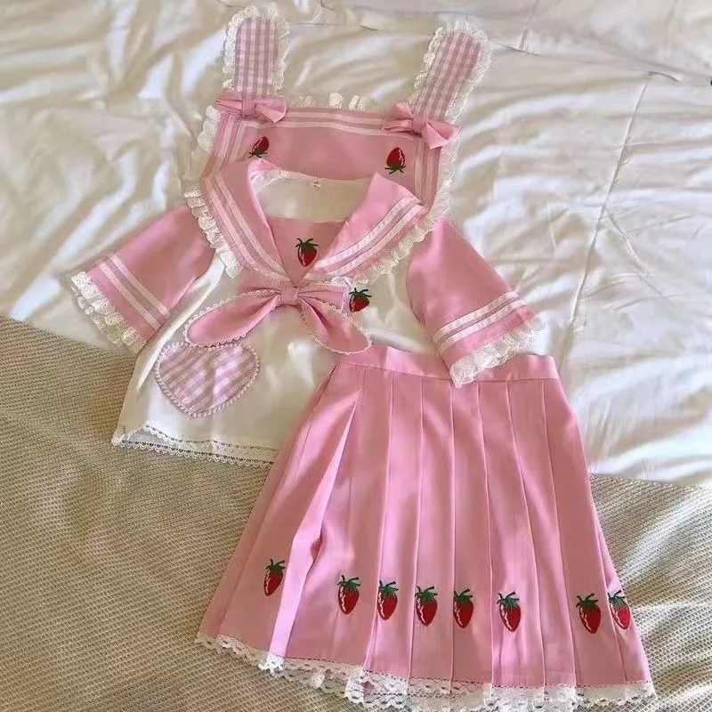 

Sweet Fashion Japanese All Match Two Piece Sets Y2k Aesthetic Peter Pan Collar Lace Tops Harajuku Lolita Kawaii Pleated Skirts