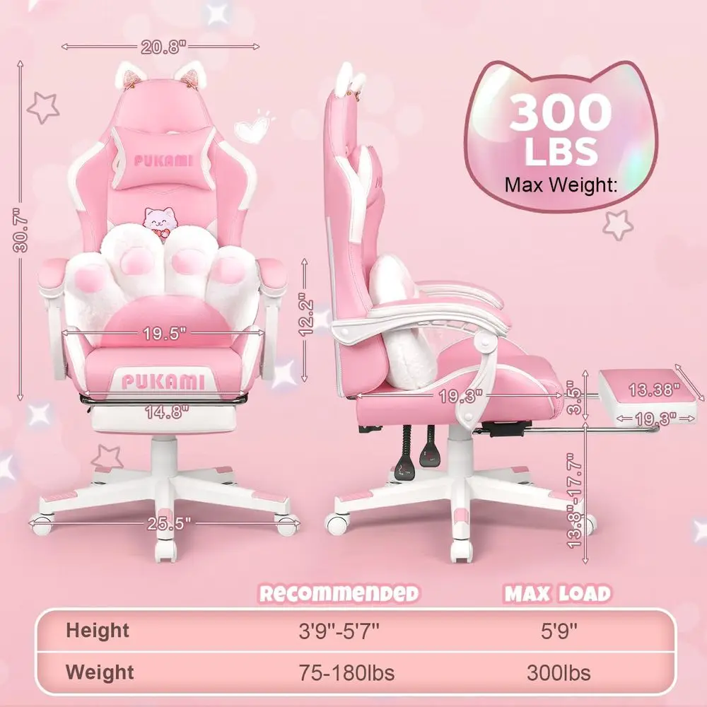Pink Gaming Chair with Cat Ears & ootrest, Ergonomic Gaming Computer Desk Chair with Cat Paw Lumbar Support & Linked Armrests -