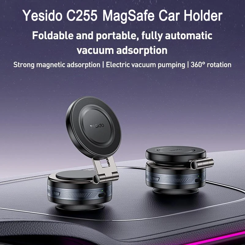 Yesido C255 مركبة الهاتف جبل الكهربائية كوب شفاط المكنسة الكهربائية MagSafe حامل السيارة 360-الدورية للتدوير لمط قاعدة الهاتف