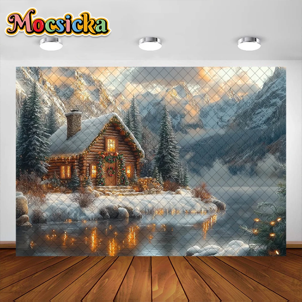 Fondo de fotografía de cabina de Navidad, suministros de decoración de río de montaña al aire libre, telón de fondo de vacaciones para adultos y niños, accesorios de estudio