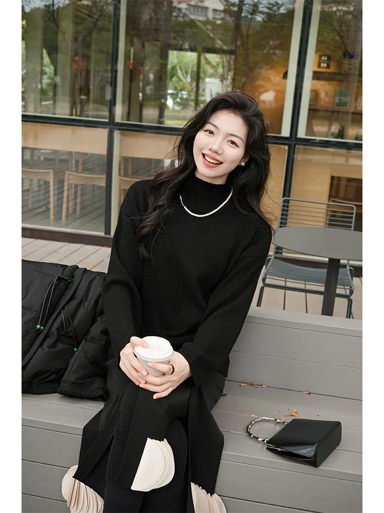 

MeiYang Bla Truffle Knitted Sweater Wool hine Waable Two-Way Wear Commute Sle Loose Fit Long Sve High Collar