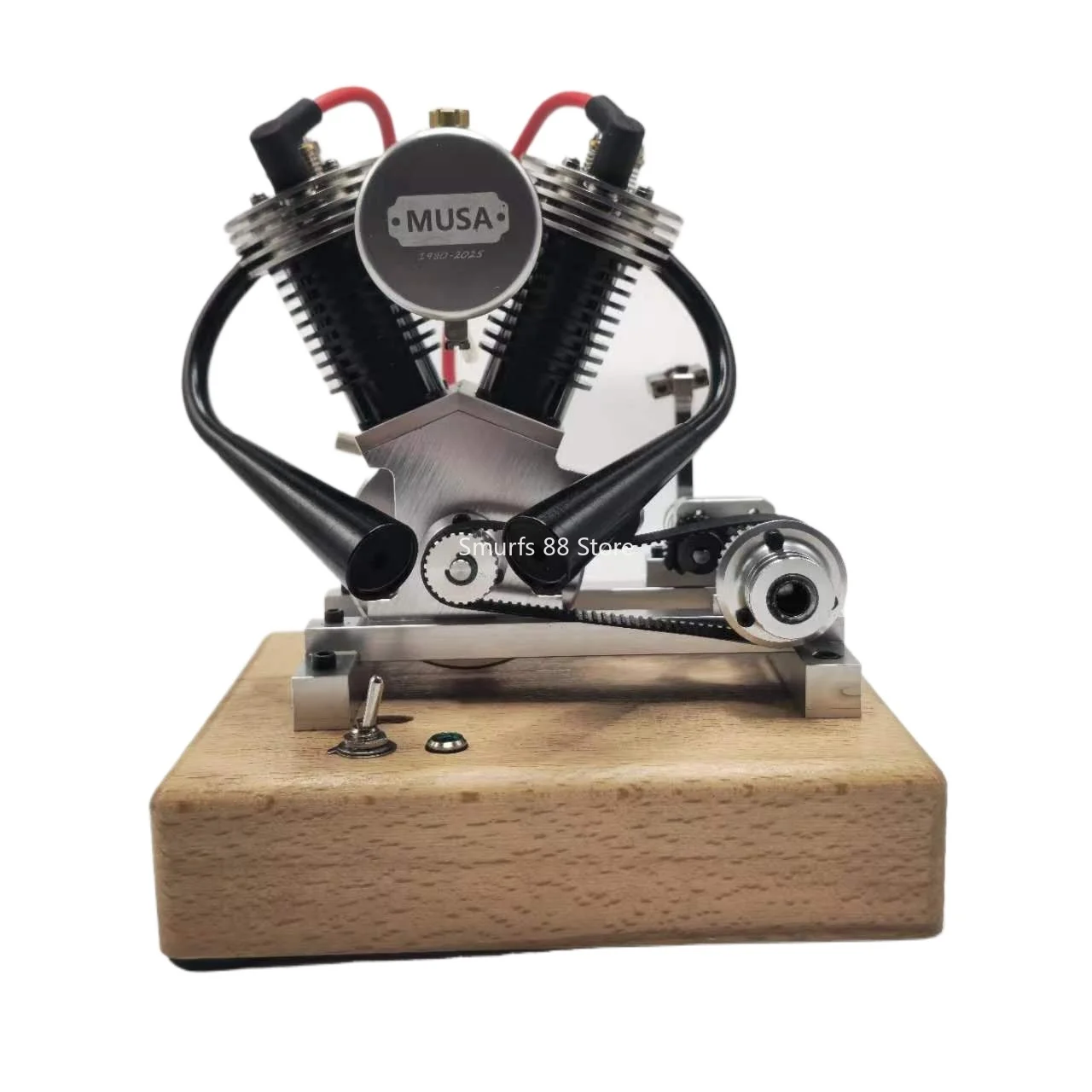 

MUSA V2 Engine Model Metal Two Cylinder Engine Model with Wooden Base Pedal Starter Toys