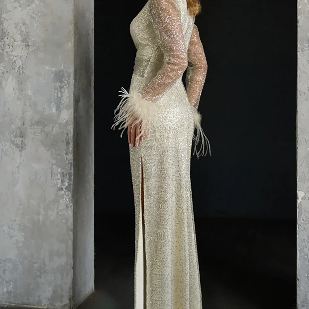 Classic V-Neck Sequined Beading Feather Straight Bride Wedding Dresses Bridal Gowns Customized